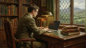 Student care participa la un curs de engleza la laptop intr-o biblioteca pentru imbunatatirea vocabularului si fluentei